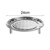 A round, stainless steel food steamer rack with a diameter of 24cm.
