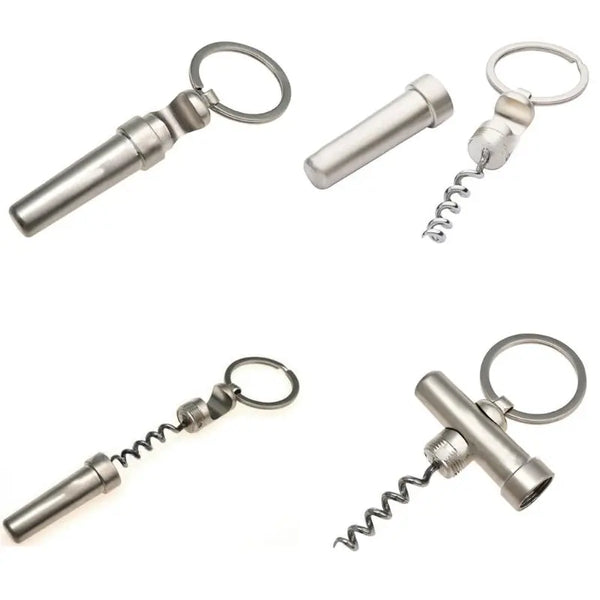 Set aus drei Metall-Flaschenöffnern als Schlüsselanhänger mit Springmechanismus.
