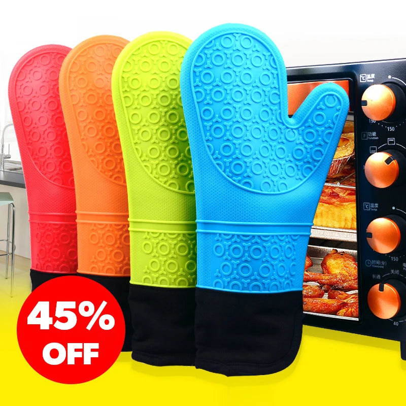 A set of bright silicone oven mitts in red, orange, lime green, and blue are displayed next to an oven.
