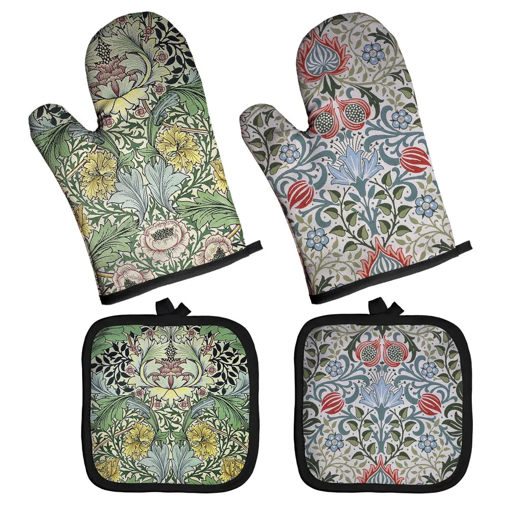 Set aus isolierenden Ofen- und Grillhandschuhen mit retro Blumenmustern in grün, pink und blau.