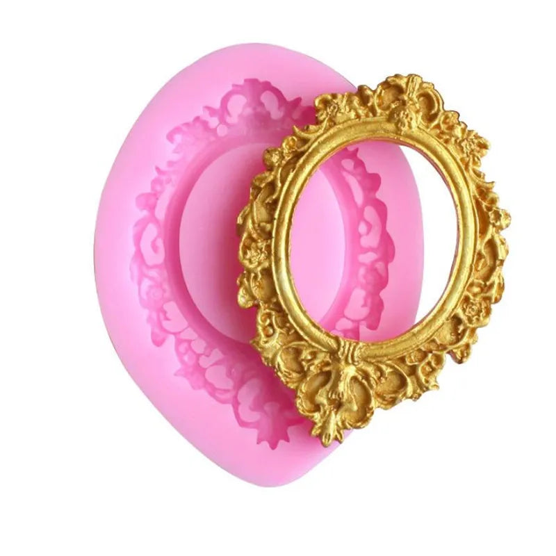 A pink silicone fondant cake decorating mold set featuring a gold-colored wreath design.