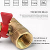 A close-up view of a thickened brass valve body with a red handle, showing the threaded outlet.