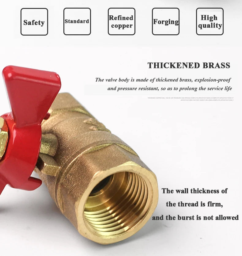 A close-up view of a thickened brass valve body with a red handle, showing the threaded outlet.
