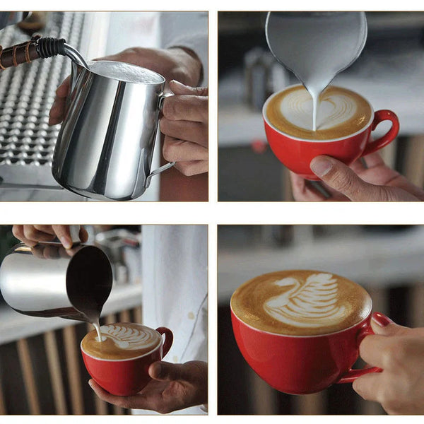 Close-up shots of a premium stainless steel milk pitcher set being used to pour milk into a red cup for coffee.