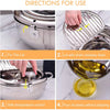 Instructions for using a 304 stainless steel deep frying pan with lid, showing how to fix the lid and pour oil.
