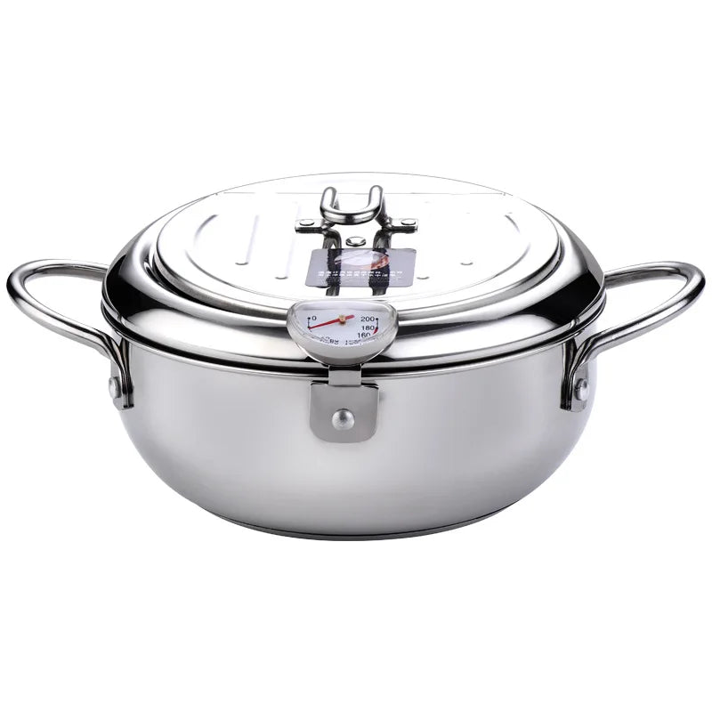 A silver 304 stainless steel deep frying pan with a matching lid.