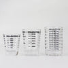 Three clear glass measuring cups with volume markings for liquid measurement.