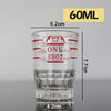 A clear glass measuring cup with volume markings, labeled 60ML and dimensions.