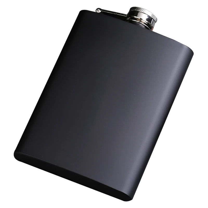 A black laser engraved stainless steel hip flask with a silver cap.