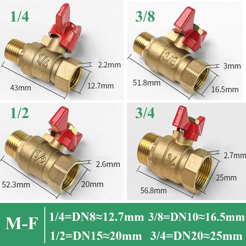 A set of brass ball valves shown in various sizes and configurations, including 1/4, 3/8, 1/2, and 3/4 fittings.