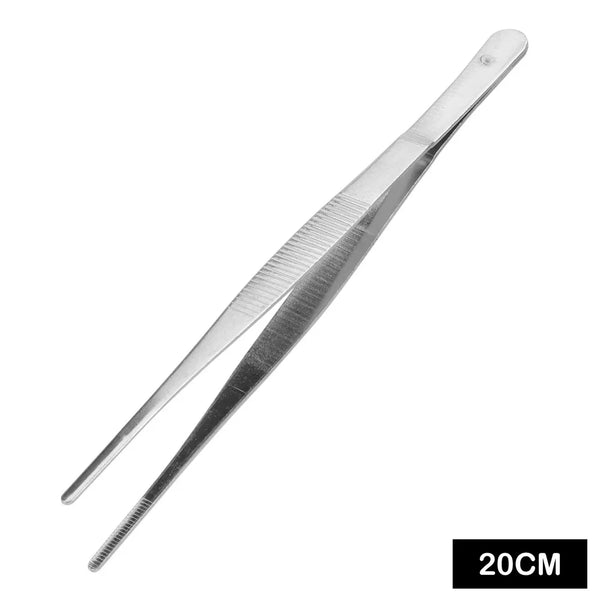 Stainless steel tweezer tongs with serrated tips for kitchen and BBQ use