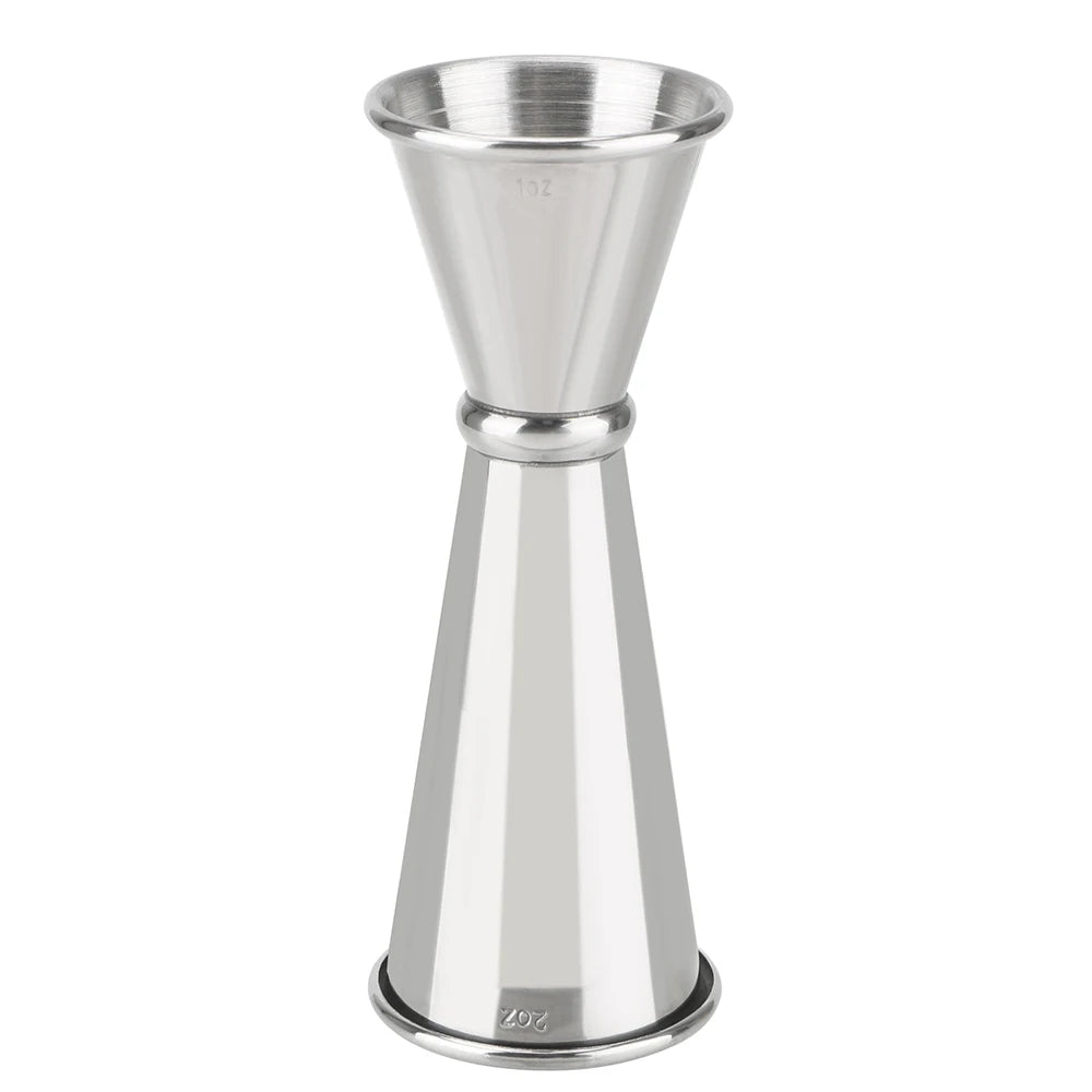 Jigger en acier inoxydable argenté avec corps effilé et ouverture filetée.