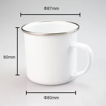A white enamel mug with a silver rim and handle, shown from the side.