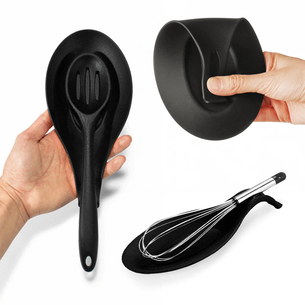 A black silicone utensil holder and kitchen organizer is shown being held by a hand, with the utensil holder displayed separa