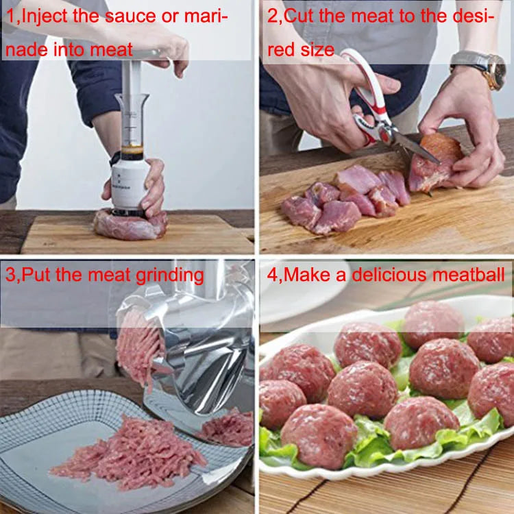 A four-step process showing how to use a 2-in-1 meat tenderizer and flavor injector to prepare meat for meatballs.