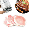 A white injector tool is shown next to sliced raw meat, demonstrating its use for tenderizing and flavoring.