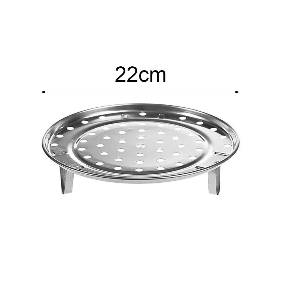 A round, stainless steel food steamer rack with a diameter of 22cm.