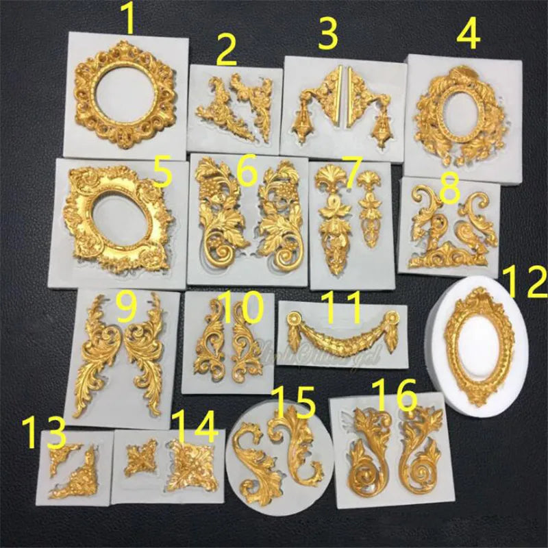 A set of silicone fondant cake decorating molds featuring various gold-colored edible designs and shapes.