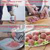 Four steps showing how to use a 2-in-1 meat tenderizer and flavor injector to prepare meat.