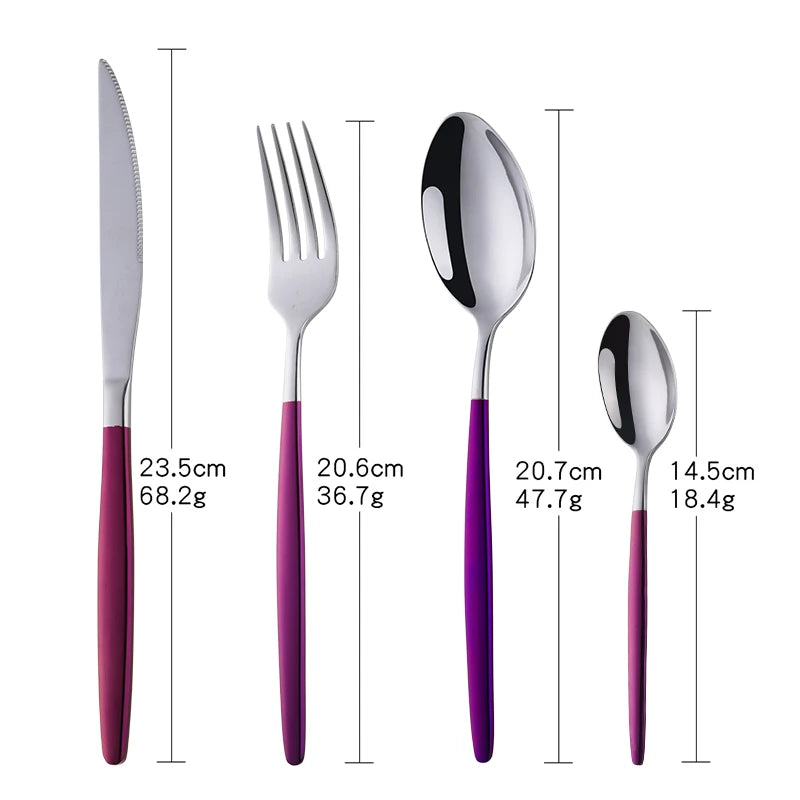 A set of elegant stainless steel flatware including a knife, fork, and spoon with purple handles.