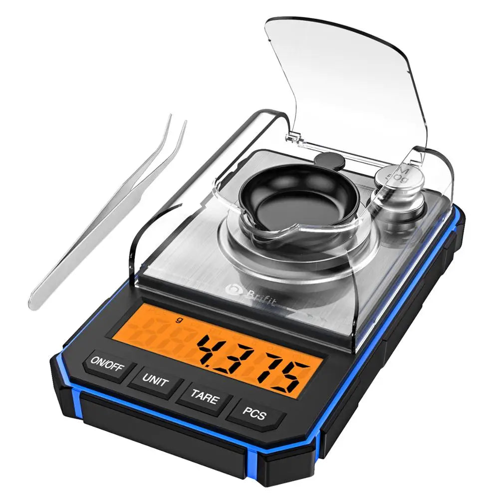 A digital scale with a clear lid and a stainless steel pan is shown, featuring an LCD display and buttons.