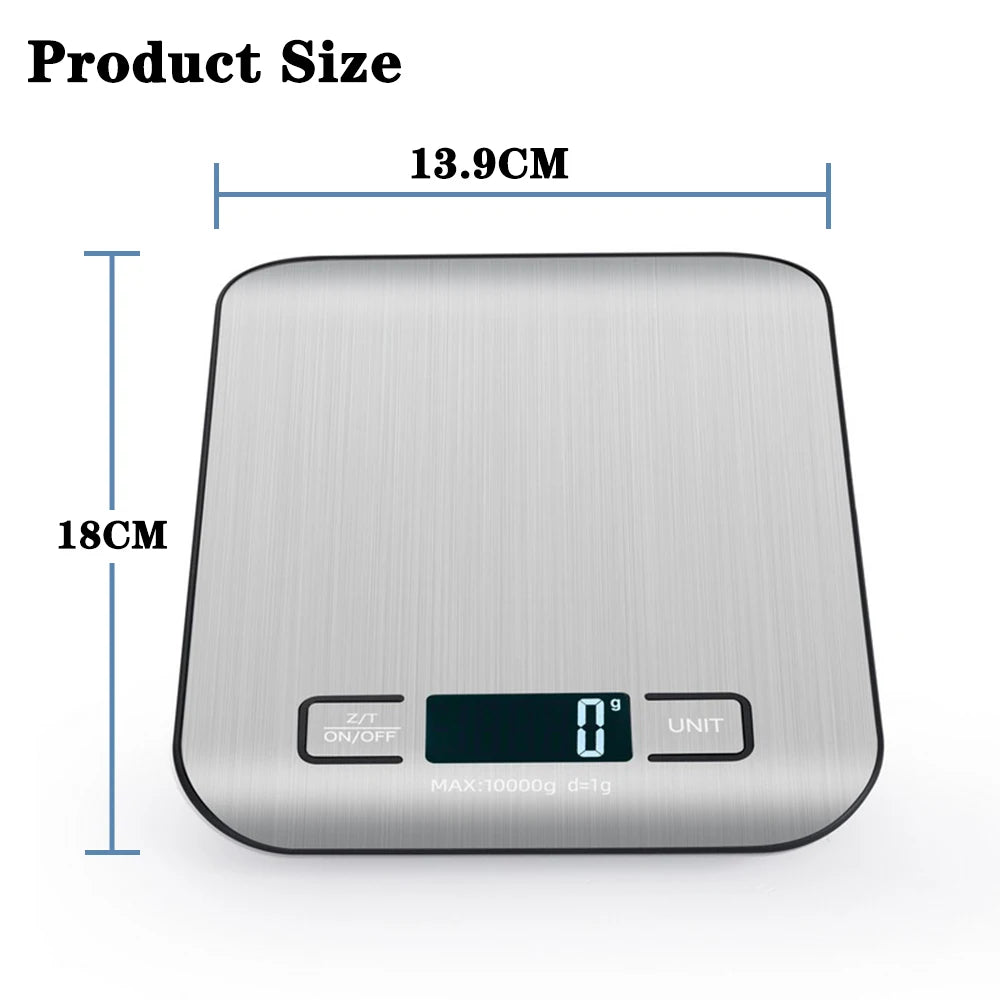 A stainless steel digital kitchen scale with a rectangular base and a display showing 0g unit.