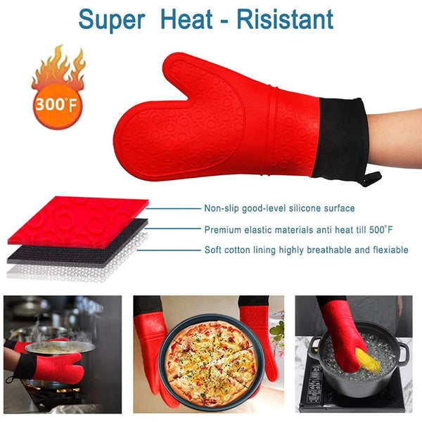Red heat resistant silicone oven mitts shown in use for cooking tasks