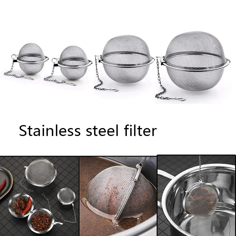 A set of stainless steel tea infuser spheres, showing various sizes and a close-up of the filter mesh.