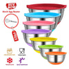 A set of stainless steel mixing bowls with silicone lids shown in various colors and safety certifications.