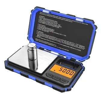 A digital precision kitchen scale with a blue casing and a black display screen.