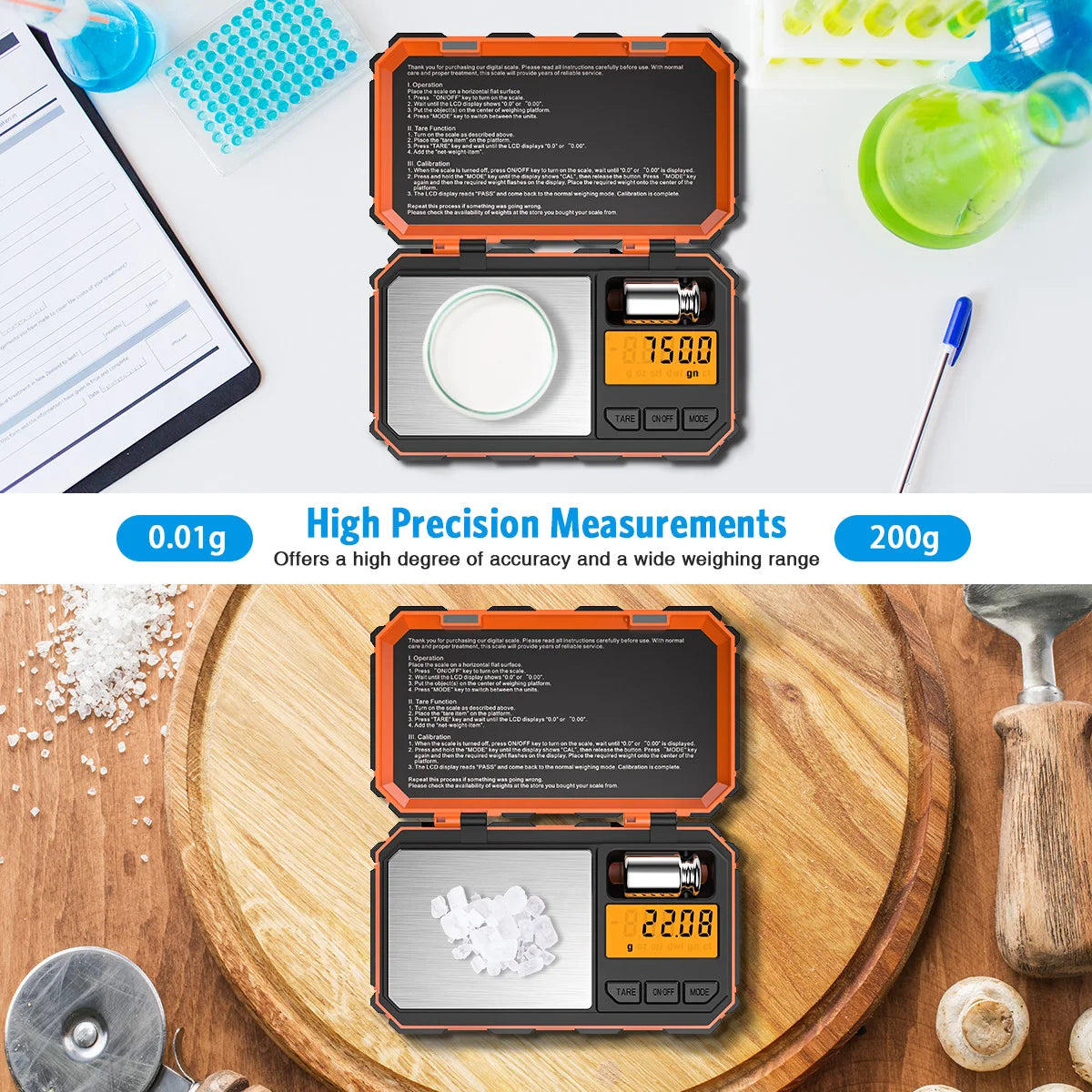 A digital precision kitchen scale with an orange and black casing is shown measuring white powder on a wooden surface.