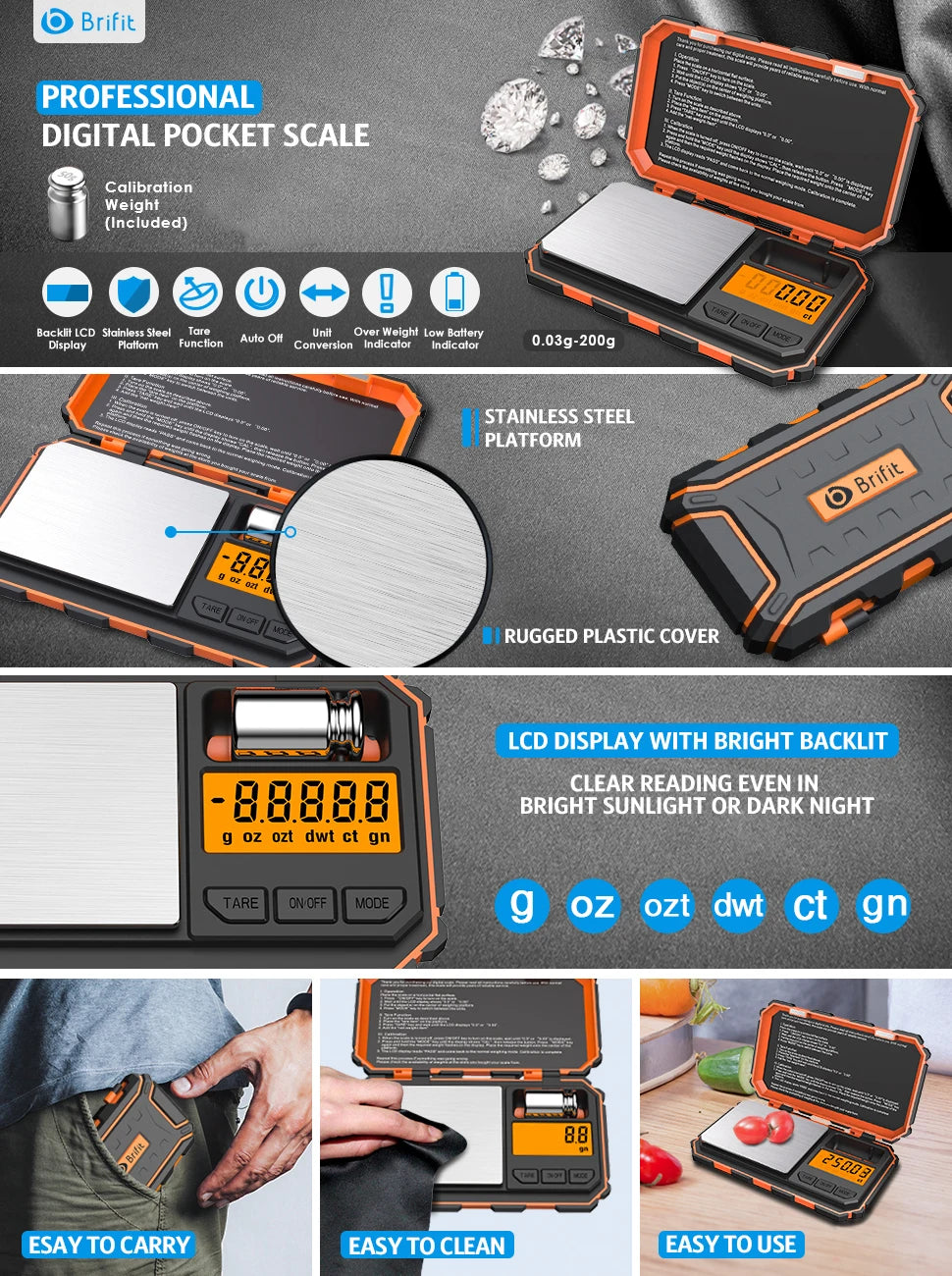 Orange and black Brifit digital pocket scale with a stainless steel platform and LCD display