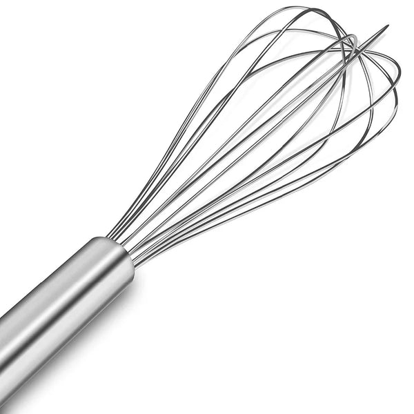 A close-up view of a stainless steel balloon whisk with thin wires.