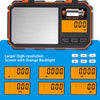 Orange backlit digital precision kitchen scale showing various weight measurements