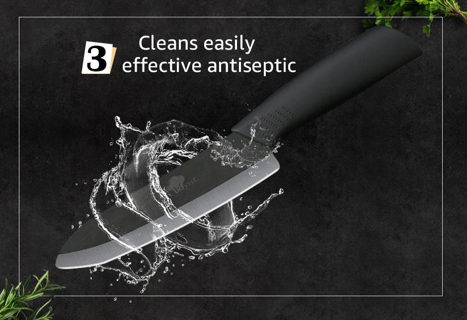 A ceramic multi-use kitchen knife is shown cutting through water, demonstrating its effective antiseptic cleaning ability.