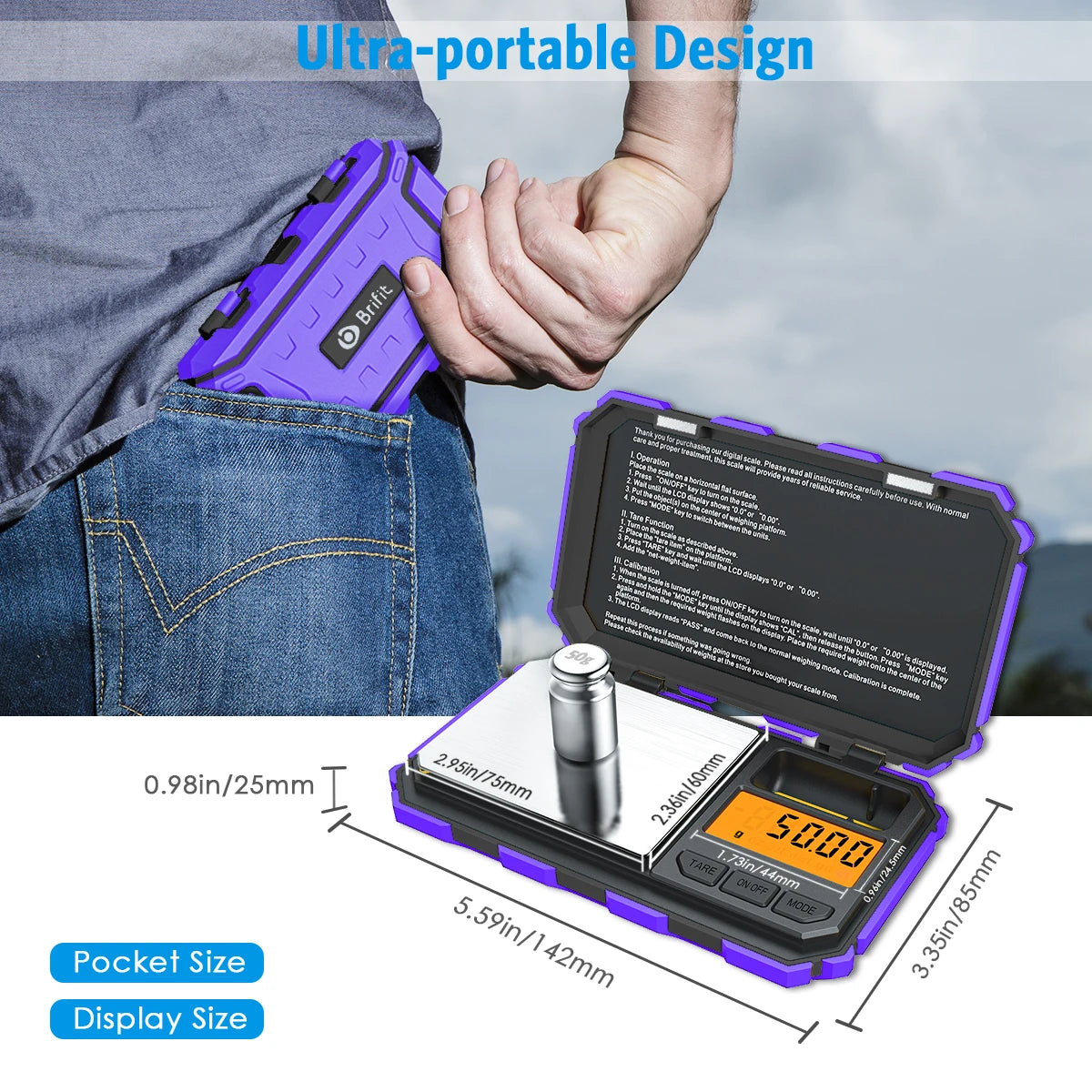 A purple digital kitchen scale is shown being held by a hand, with dimensions and display size measurements displayed.