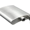 A silver stainless steel hip flask with a threaded opening and a decorative metal cap.