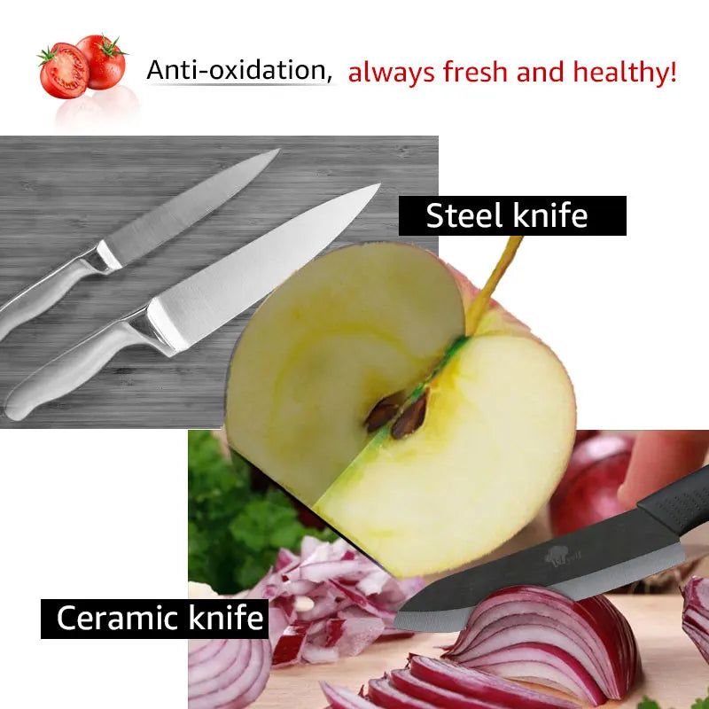 A set of kitchen knives, including a steel knife and a ceramic knife, are shown next to fresh produce.