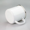A white enamel mug with a silver rim and a white handle is shown against a light gray background.
