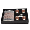 A black box containing a set of three portable stainless steel flasks with wooden tops.