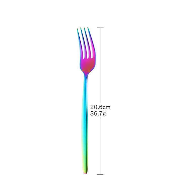 A single fork with a vibrant iridescent pink and blue gradient finish.