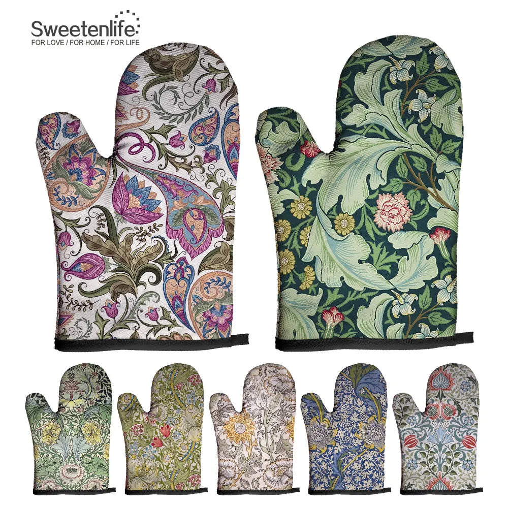 Kollektion von retro gemusterte isolierte Ofen- und BBQ-Handschuhe in verschiedenen floralen und botanischen Designs.