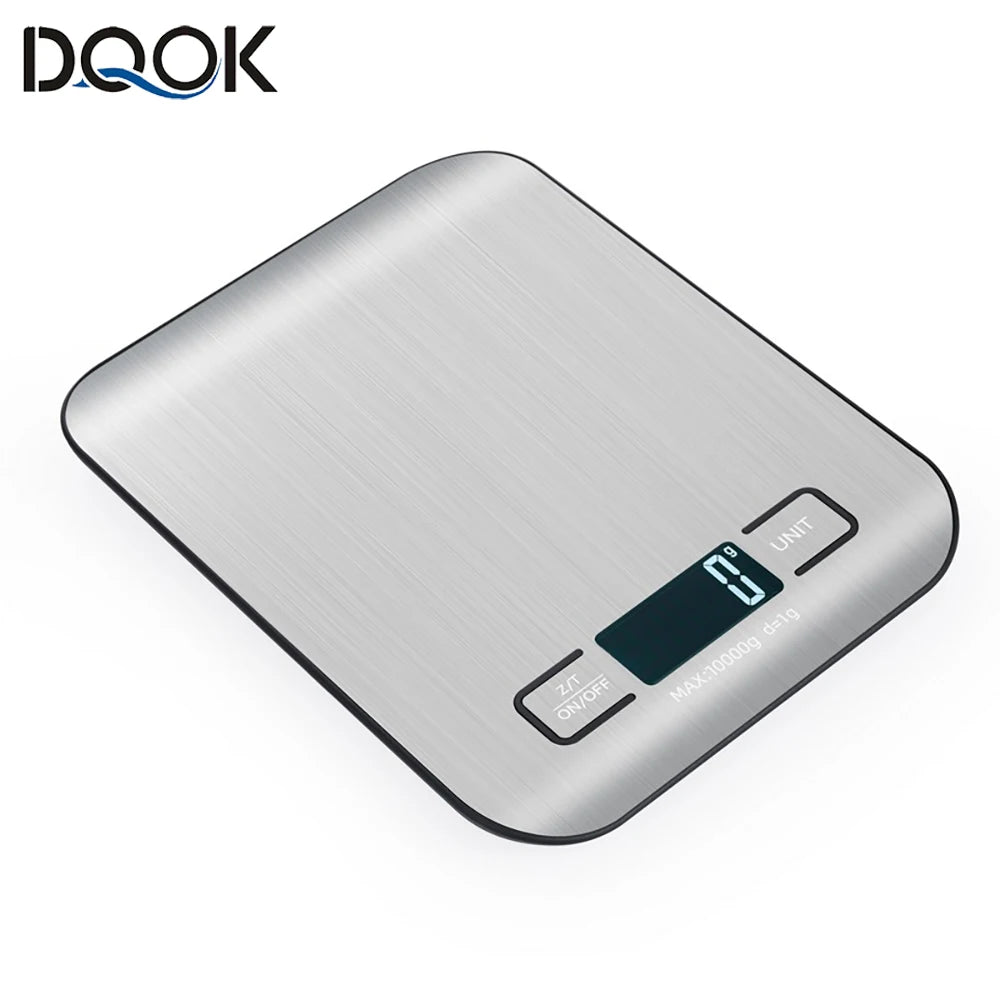 A silver stainless steel digital kitchen scale with a black display and ON/OFF button.