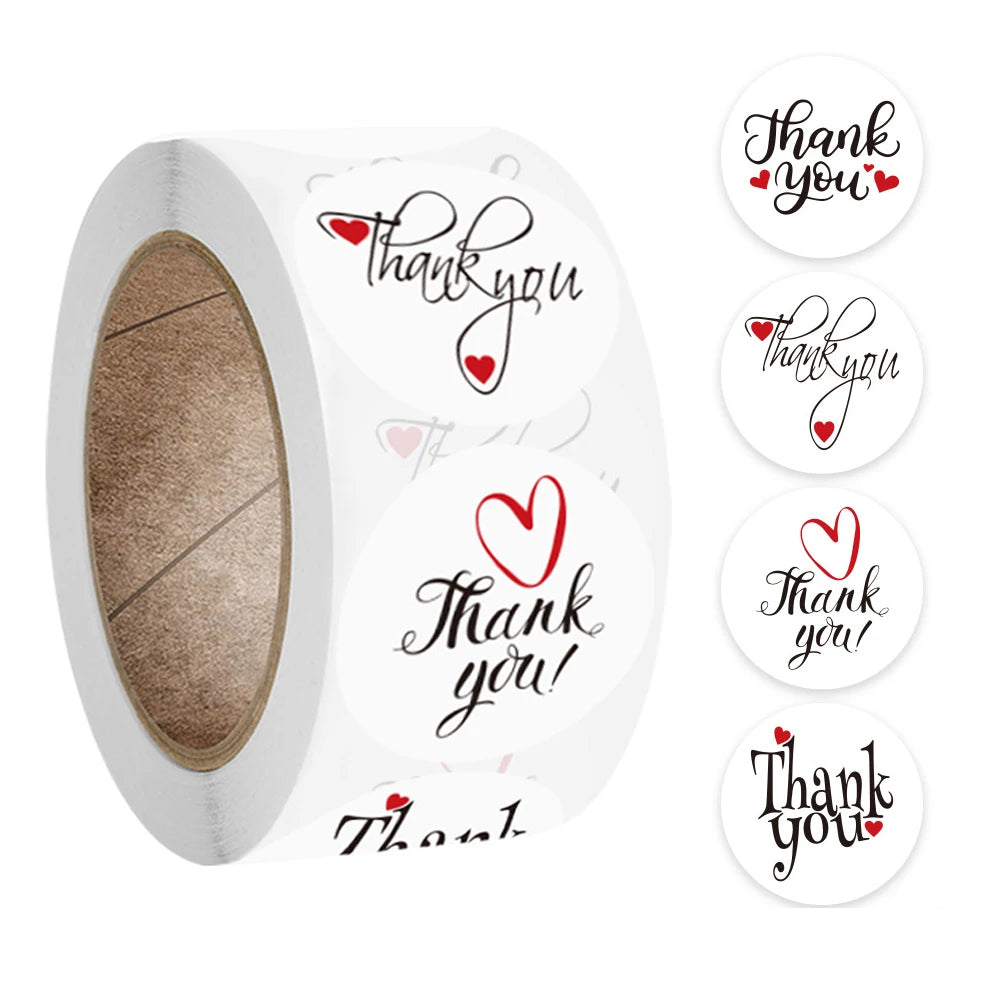 Roll of pink thank you adhesive stickers with individual thank you messages