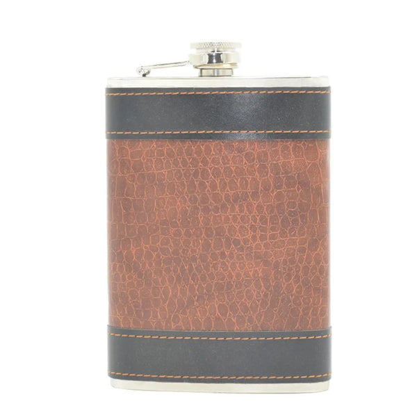 A portable stainless steel flask set with a dark gray cylindrical body and an orange patterned sleeve.