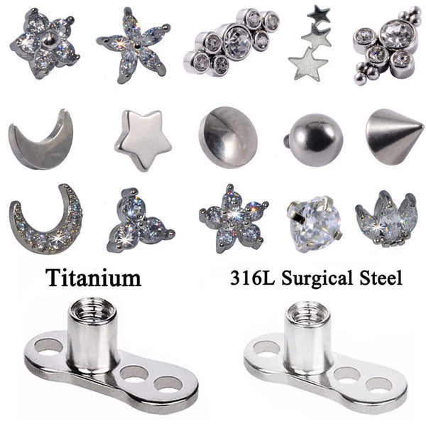 A collection of titanium and 316L surgical steel dermal anchor body jewelry components including various shapes and findings.