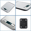 A stainless steel digital kitchen scale shown from multiple angles, including a flat view and a top-down perspective.