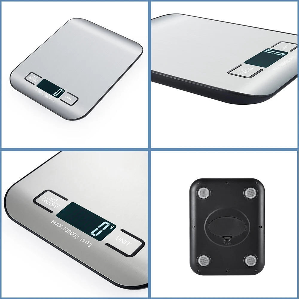 A stainless steel digital kitchen scale shown from multiple angles, including a flat view and a top-down perspective.
