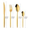 A set of elegant gold-toned stainless steel flatware including a knife, fork, spoon, and knife.