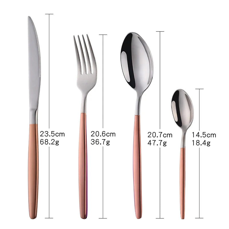 A set of elegant stainless steel flatware including a knife, fork, spoon, and serving utensil.